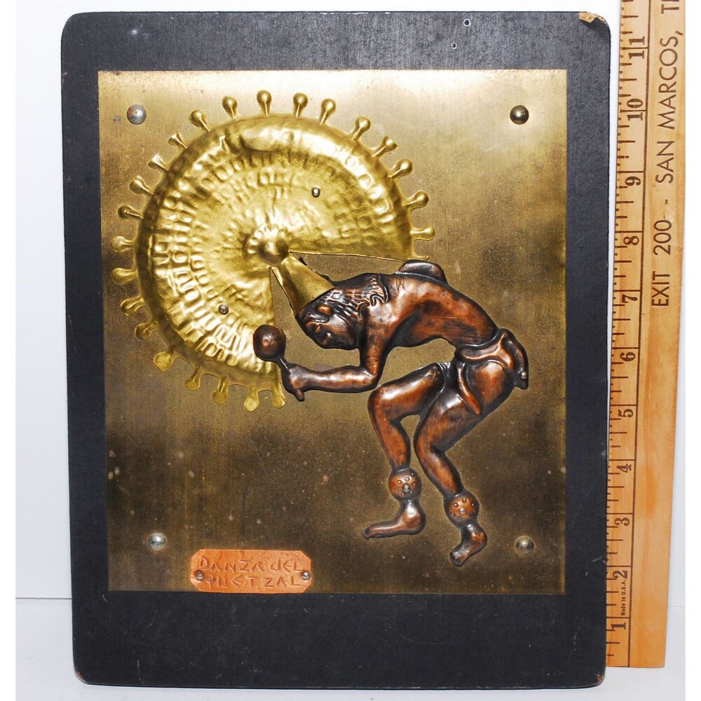 Vintage Aztec/Mayan Copper Plaque Depicting a Dance to Honor the Sun Very Intere